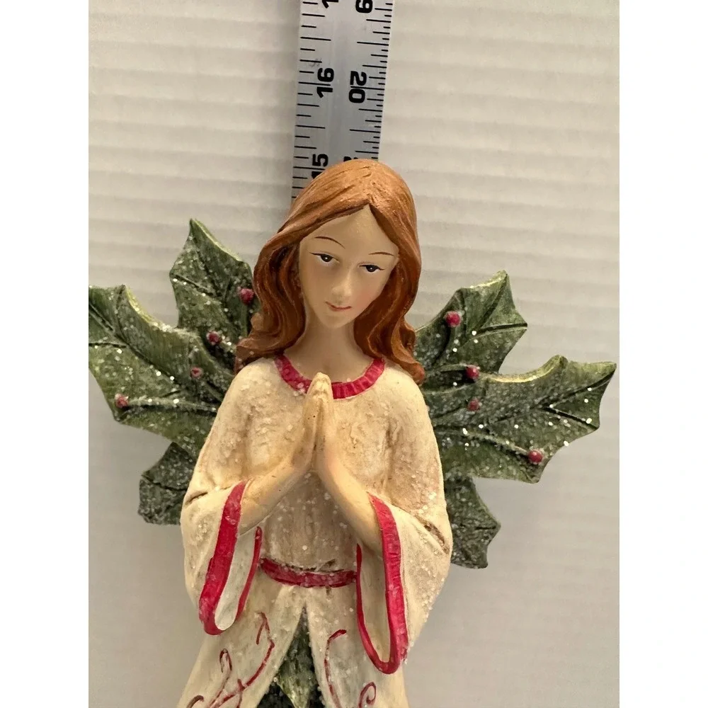 Christmas Angel Figurine Holly Wings Evergreen Tree Base Resin Holiday‎ Decor